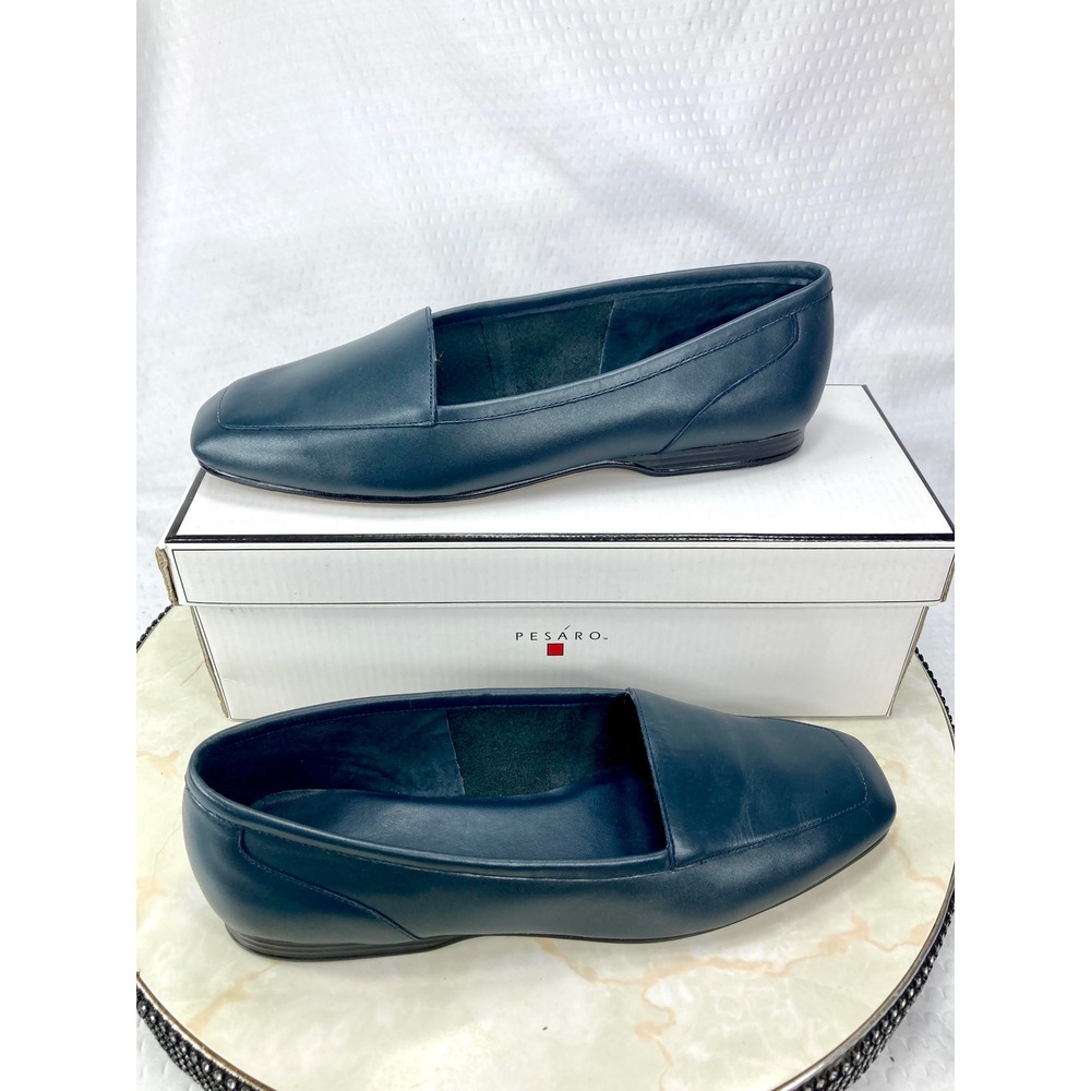 Pesaro Jenny Square Toe Leather Loafers Women 7.5 Navy Blue Office Slip On Shoes